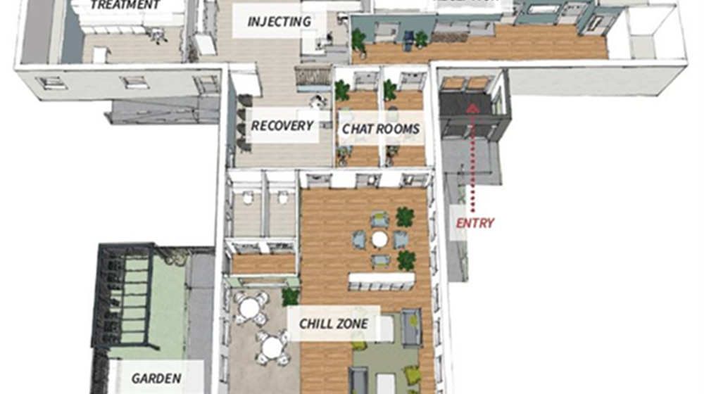 floorplan of the facility showing rooms like the treatment and recover room, chat room and reception